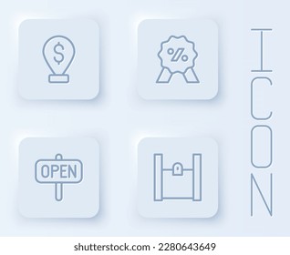 Set line Cash location pin, Discount percent tag, Hanging sign with text Open and Paper shopping bag. White square button. Vector