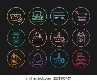 Fijar línea Máquina registradora de efectivo, Bolsa de compras y dólar, Tarjeta de crédito, Bolso de mano, Cupón, Añadir a la cesta de compras, con marca de verificación e icono de construcción abierto. Vector