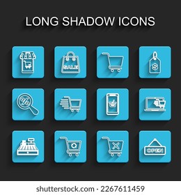 Set line Cash register machine, Refresh shopping cart, Mobile and, Remove, Hanging sign with Open door, Shopping, on laptop and basket icon. Vector