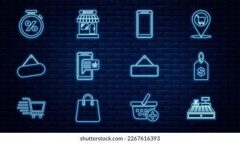 Set line Cash register machine, Price tag with dollar, Smartphone, mobile phone, Mobile and shopping basket, Signboard hanging, Stopwatch percent,  and Market store icon. Vector