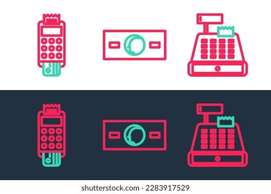 Línea de cajero automático, terminal POS con tarjeta de crédito e icono de dinero en papel. Vector