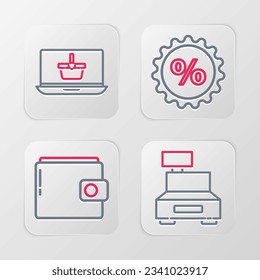 Set line Cash register machine, Wallet, Discount percent tag and Shopping basket on laptop icon. Vector