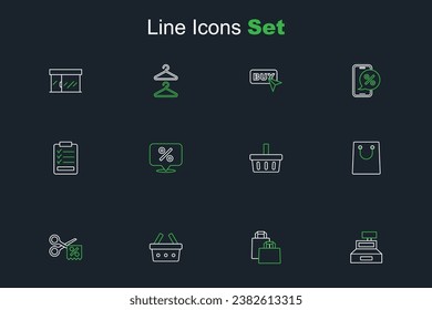 Set line Cash register machine, Paper shopping bag, Shopping basket, Scissors cuts discount coupon, Discount percent tag and Clipboard with checklist icon. Vector