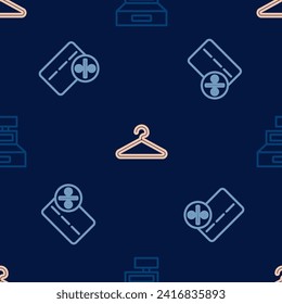 Set line Cash register machine, Discount card with percent and Hanger wardrobe on seamless pattern. Vector