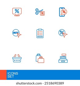 Set line Cash register machine, Paper shopping bag, Shopping basket, Discount percent tag, Buy button, Clipboard with checklist, Percent discount phone and Scissors cuts coupon icon. Vector