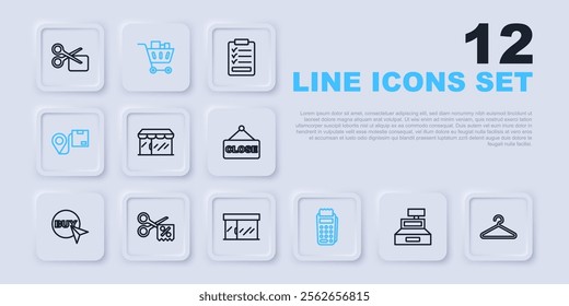 Set line Cash register machine, Hanger wardrobe, Market store, POS terminal, Location with cardboard box, Scissors cuts discount coupon, Shopping cart and food and  icon. Vector