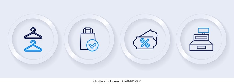 Set line Cash register machine, Discount percent tag, Paper shopping bag and Hanger wardrobe icon. Vector