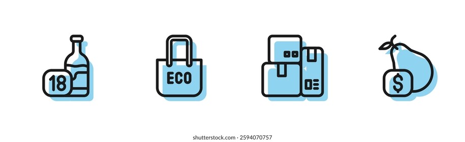 Set line Cash register machine, Wine bottle, Shopping bag with recycle and Price tag for pear icon. Vector