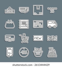 Set line Cash register machine, Delivery cargo truck vehicle, Cardboard box with traffic symbol, Search browser window, Wallet, Hanging sign Closed and Warranty certificate template icon. Vector