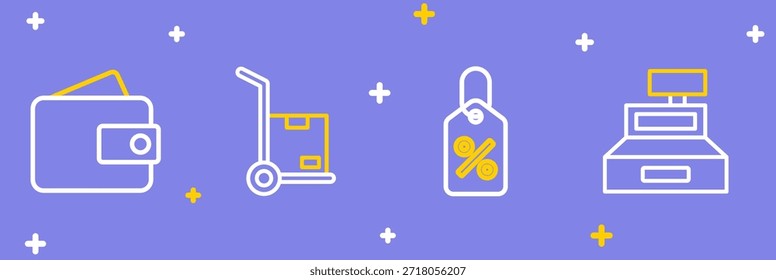 Set line Cash register machine, Discount percent tag, Hand truck and boxes and Wallet icon. Vector