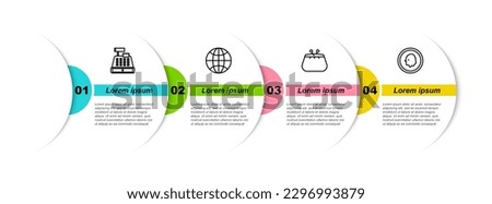 Set line Cash register machine, Worldwide, Wallet and Coin money. Business infographic template. Vector