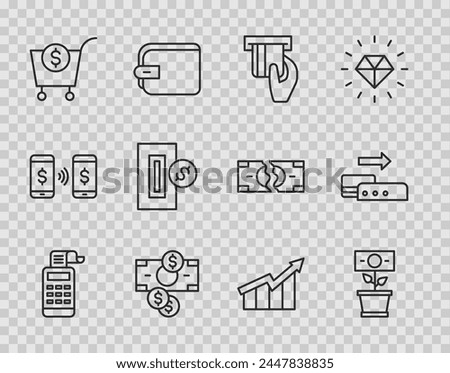 Set line Cash register machine, Money plant the pot, Credit card inserted, Stacks paper money cash, Shopping cart and dollar, Inserting coin, Financial growth increase and Pos terminal icon. Vector