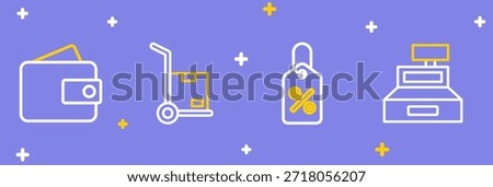 Set line Cash register machine, Discount percent tag, Hand truck and boxes and Wallet icon. Vector