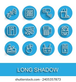 Set line Cashier at cash register, Supermarket food products with price label, POS terminal credit card, Shopping basket, Percent discount and mobile, Candy, Meat packaging steak and  icon. Vector