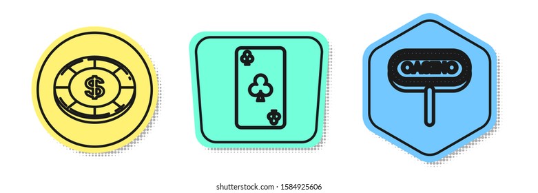 Set line Casino chip with dollar symbol, Playing card with clubs symbol and Casino signboard. Colored shapes. Vector