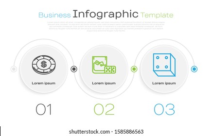 Set line Casino chip with dollar symbol, Game dice and glass of whiskey with ice cubes and Game dice. Business infographic template. Vector