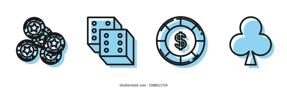 Set line Casino chip with dollar symbol, Casino chips, Game dice and Playing card with clubs symbol icon. Vector