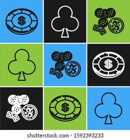 Set line Casino chip with dollar symbol, Casino chips, game dice and glass of whiskey with ice cubes and Playing card with clubs symbol icon. Vector