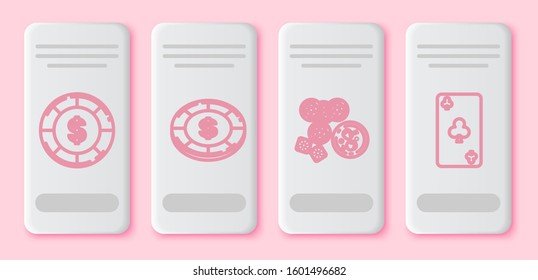 Set line Casino chip with dollar symbol, Casino chip with dollar symbol, Casino chips, game dice and glass of whiskey with ice cubes and Playing card with clubs symbol. White rectangle button. Vector