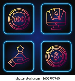 Set line Casino chip with dollar, Hand holding money bag, Casino chips and Online poker table game. Gradient color icons. Vector