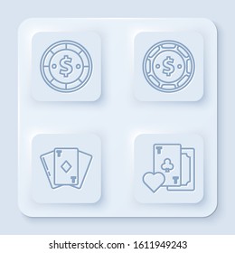 Set line Casino chip with dollar, Casino chip with dollar, Playing card with diamonds and Playing card with clubs symbol. White square button. Vector