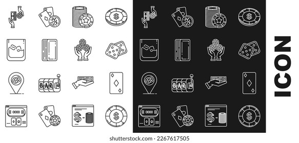 Spielen Sie einen Spielautomaten mit Dollar-Symbol, Spielkarten-Diamanten, Spielwürfel, Chips, Kartenstapel, Glass-Whiskey und -würfel, tauschen Sie Stacks in Dollar und Hand-Holding-Casino-Symbol. Vektorgrafik