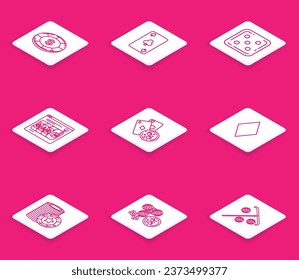 Set line Casino chip with dollar symbol, Playing card clubs, Game dice, Online slot machine, cards and glass of whiskey cubes, diamonds, chips and chips, game icon. Vector