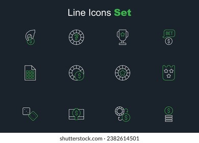 Ponga en línea el chip del Casino con el dólar, el intercambio de fichas, el dinero del papel apilado, los dados del juego, el boleto de lotería y el icono. Vector