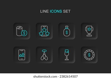 Set line Casino chip with dollar, Wine glass, Dart arrow, Online sports betting, poker trophy cup, Money bag,  and  icon. Vector
