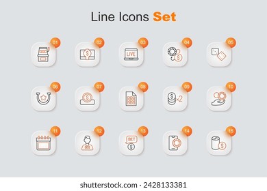 Set line Casino chip with dollar, Online sports betting, dealer, Calendar, Hand holding casino chips,  and Lottery ticket icon. Vector