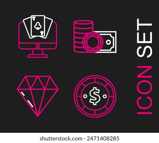 Setzen Sie Linie Casino-Chip mit Dollar, Diamant, Chips und Stapel Geld Bargeld und Online-Poker-Tisch-Spiel-Symbol. Vektorgrafik