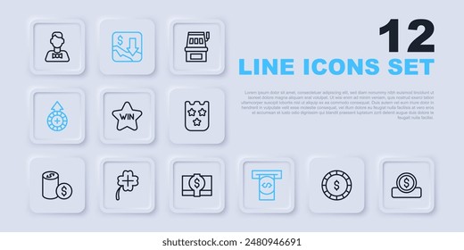 Set line Casino chip with dollar, Coin money, win, Automated teller machine and, chips, slot clover, Financial growth decrease and Stacks paper cash icon. Vector