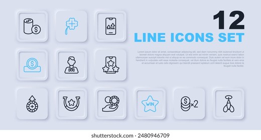 Set line Casino chip with dollar, Dart arrow, dealer, win, Coin money, Horseshoe, slot machine clover and Hand holding casino chips icon. Vector