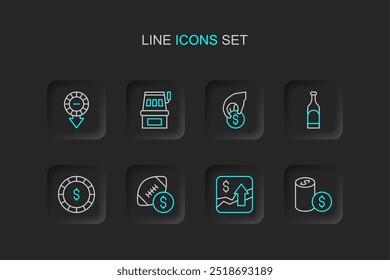 Set-Linie Casino-Chip mit Dollar, Finanzielle Wachstumssteigerung, American Football Wetten Geld, Flasche Wein, Hand halten Casino-Chips, Spielautomat und Symbol. Vektorgrafik