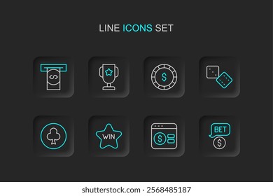 Set line Casino chip with dollar, Online poker table game, win, Playing card clubs symbol, Game dice, trophy cup and Automated teller machine and money icon. Vector