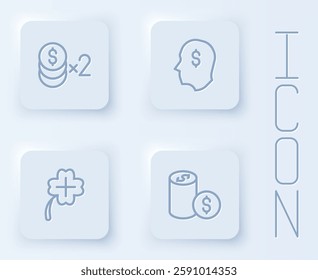 Set line Casino chip with dollar, Lucky player, slot machine clover and . White square button. Vector