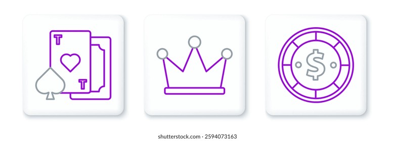 Set line Casino chip with dollar, Playing card heart and Crown icon. Vector