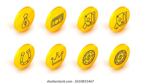 Set line Casino chip with dollar, Crown, Horseshoe, Playing card diamonds, spades, Stacks paper money cash and Money bag icon. Vector