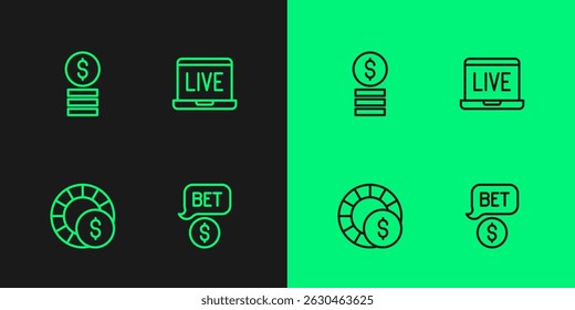 Set line Casino chip with dollar, chips,  and Online poker table game icon. Vector