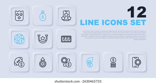 Set line Casino chip with dollar, Online sports betting, Horseshoe, Hand holding casino chips, Football money, Money bag and exchange icon. Vector