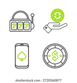 Set line Casino chip con dólar, juego de mesa de póquer en línea, mano que sostiene fichas de casino y la máquina tragamonedas lucky Seven icono de bote. Vector