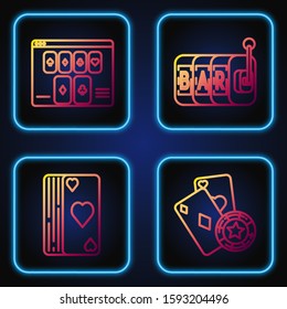 Set line Casino chip and playing cards, Deck of playing cards, Online poker table game and Slot machine. Gradient color icons. Vector