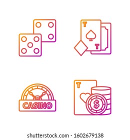 Set line Casino chip and playing cards, Casino signboard, Game dice and Playing card with spades. Gradient color icons. Vector