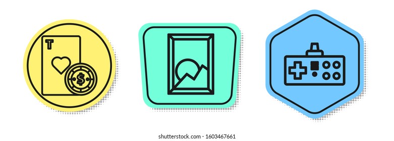 Set line Casino chip and playing cards, Picture landscape and Gamepad. Colored shapes. Vector
