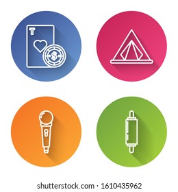 Set line Casino chip and playing cards, Tourist tent, Microphone and Rolling pin. Color circle button. Vector