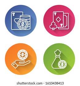 Set line Casino chip and playing cards, Playing card with diamonds, Hand holding casino chips and Money bag and casino chips. Color circle button. Vector