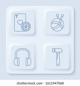 Set line Casino chip and playing cards, Yarn ball with knitting needles, Headphones and Hammer. White square button. Vector