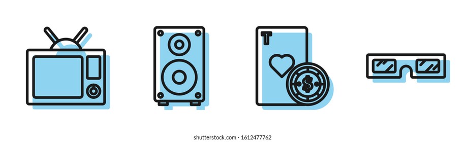 Set line Casino chip and playing cards, Television, Stereo speaker and 3D cinema glasses icon. Vector