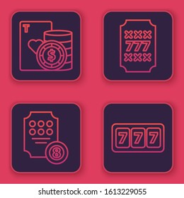Set line Casino chip and playing cards, Online slot machine, Slot machine with lucky sevens jackpot and Slot machine with lucky sevens jackpot. Blue square button. Vector