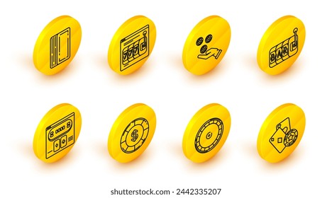 Set line Casino chip and playing cards, roulette wheel, with dollar symbol, Online poker table game, Slot machine, Hand holding casino chips, slot lucky sevens jackpot and Deck of icon. Vector